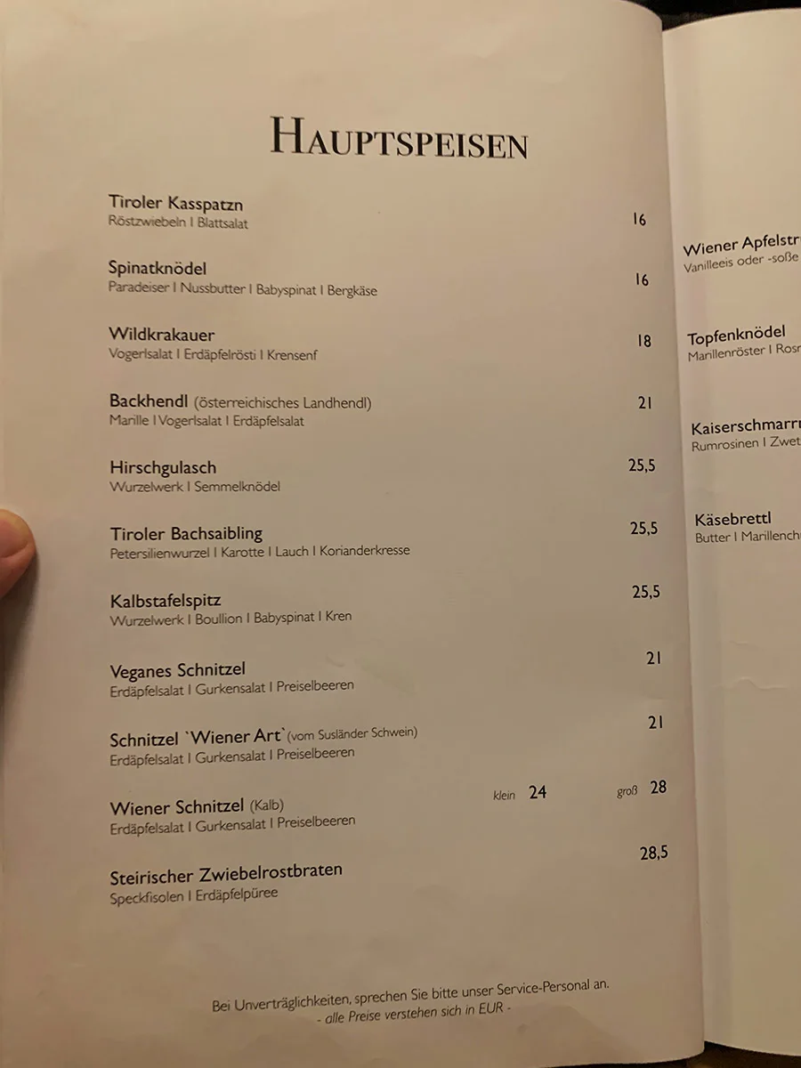 Restaurant Austria Das Original – Speisekarte in Berlin