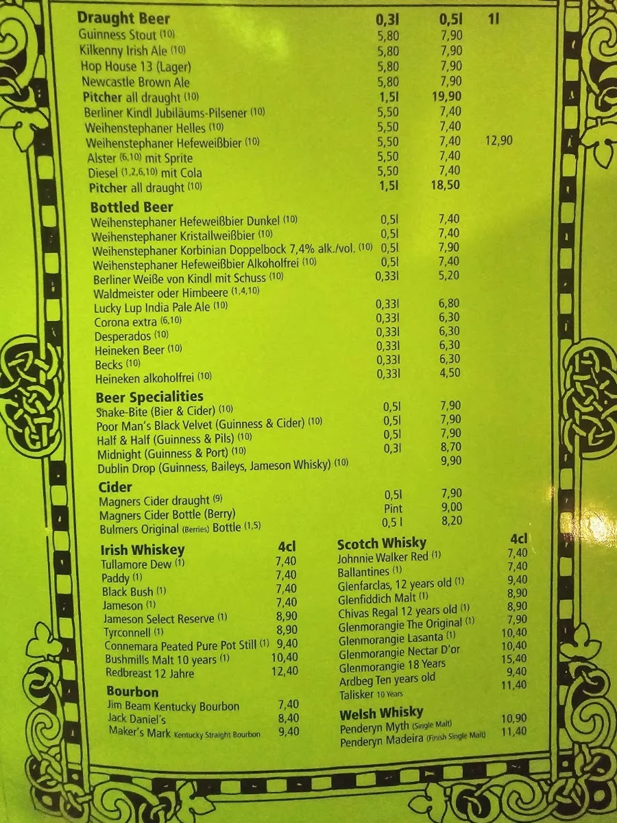 Irish Pub Europa-Center – Speisekarte in Berlin