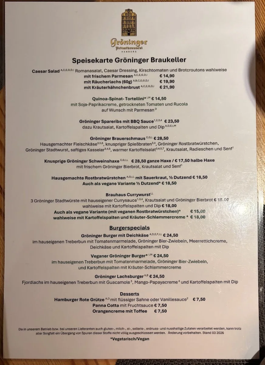 Gröninger Privatbrauerei Hamburg – Speisekarte in Hamburg
