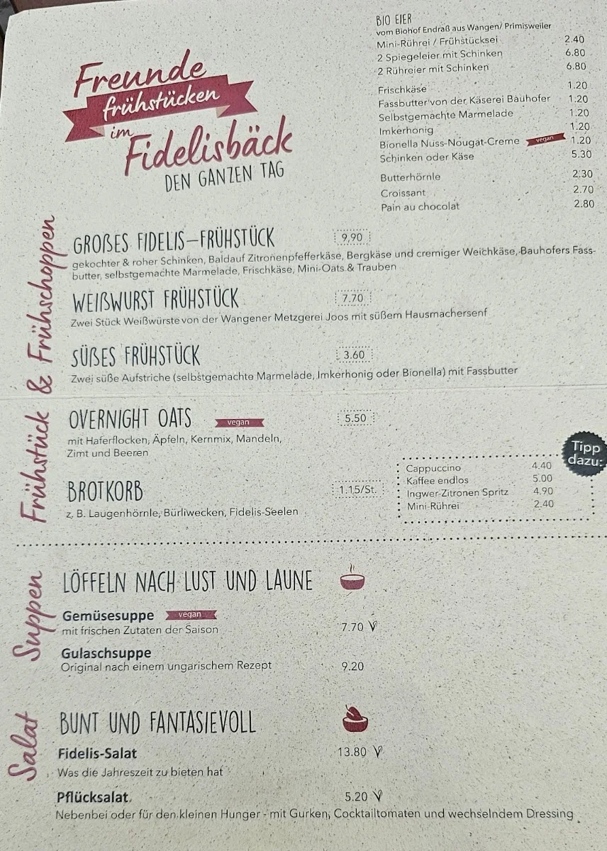 Fidelisbäck Bäckerei und Gastwirtschaft – Speisekarte in Wangen im Allgäu, Baden-Württemberg