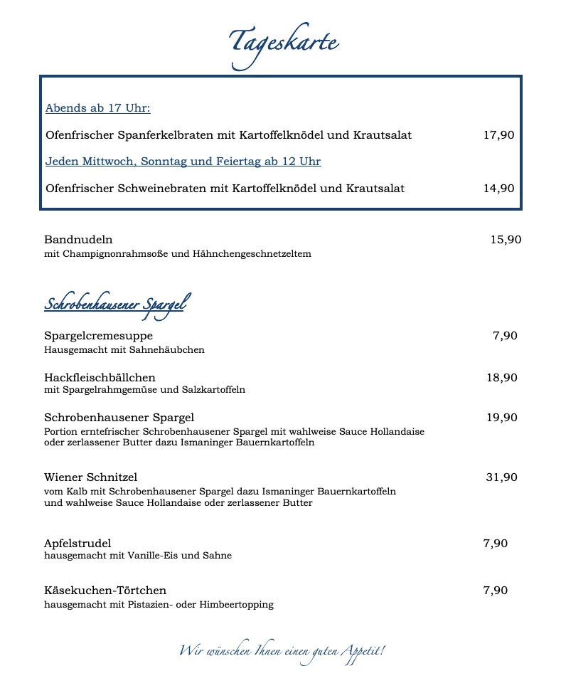 Gasthaus Gotthardgarten – Speisekarte in München, Bayern