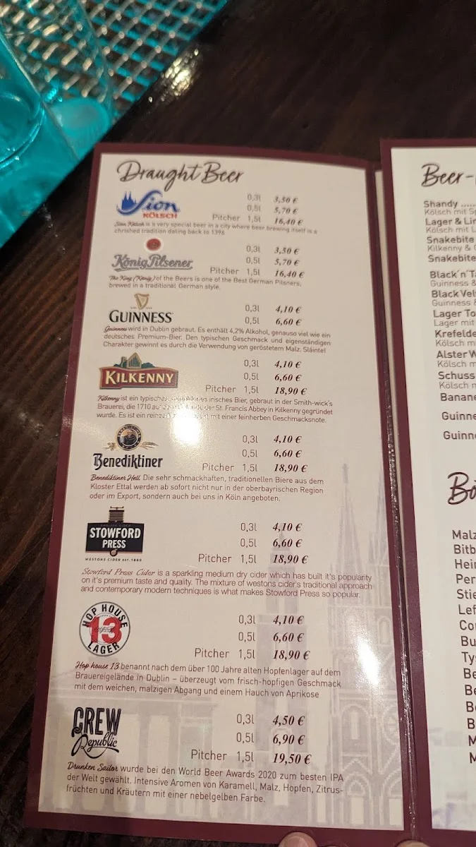 The Corkonian Irish pub – Speisekarte in Köln, Nordrhein-Westfalen