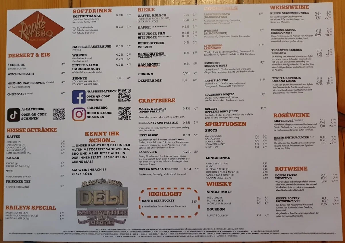 Raph's BBQ Diner – Speisekarte in Köln, Nordrhein-Westfalen