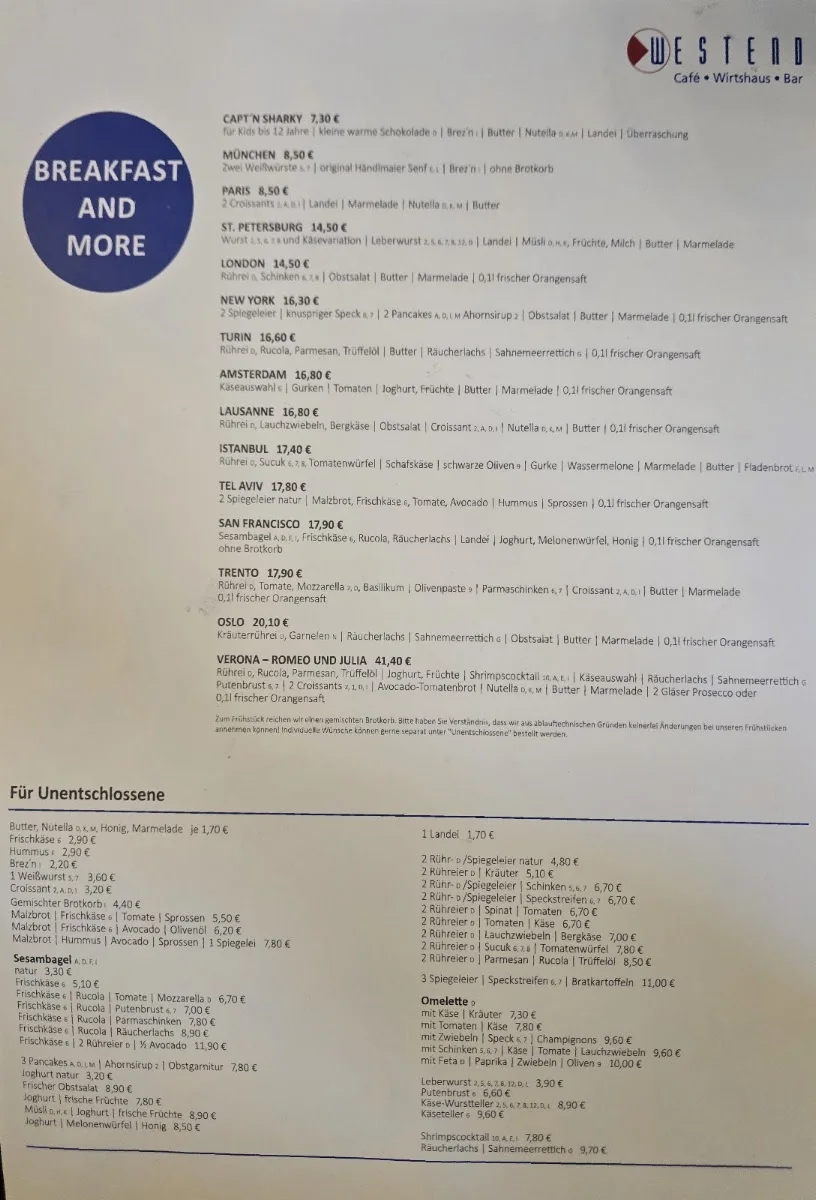 Cafe Westend Gaststättenbetriebs GmbH – Speisekarte in München, Bayern
