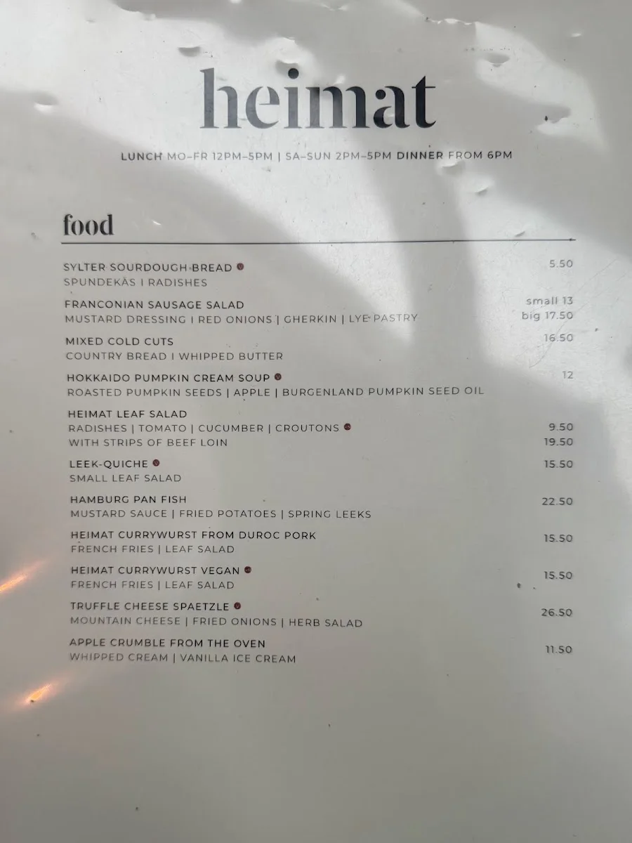 heimat Restaurant – Speisekarte in Hamburg