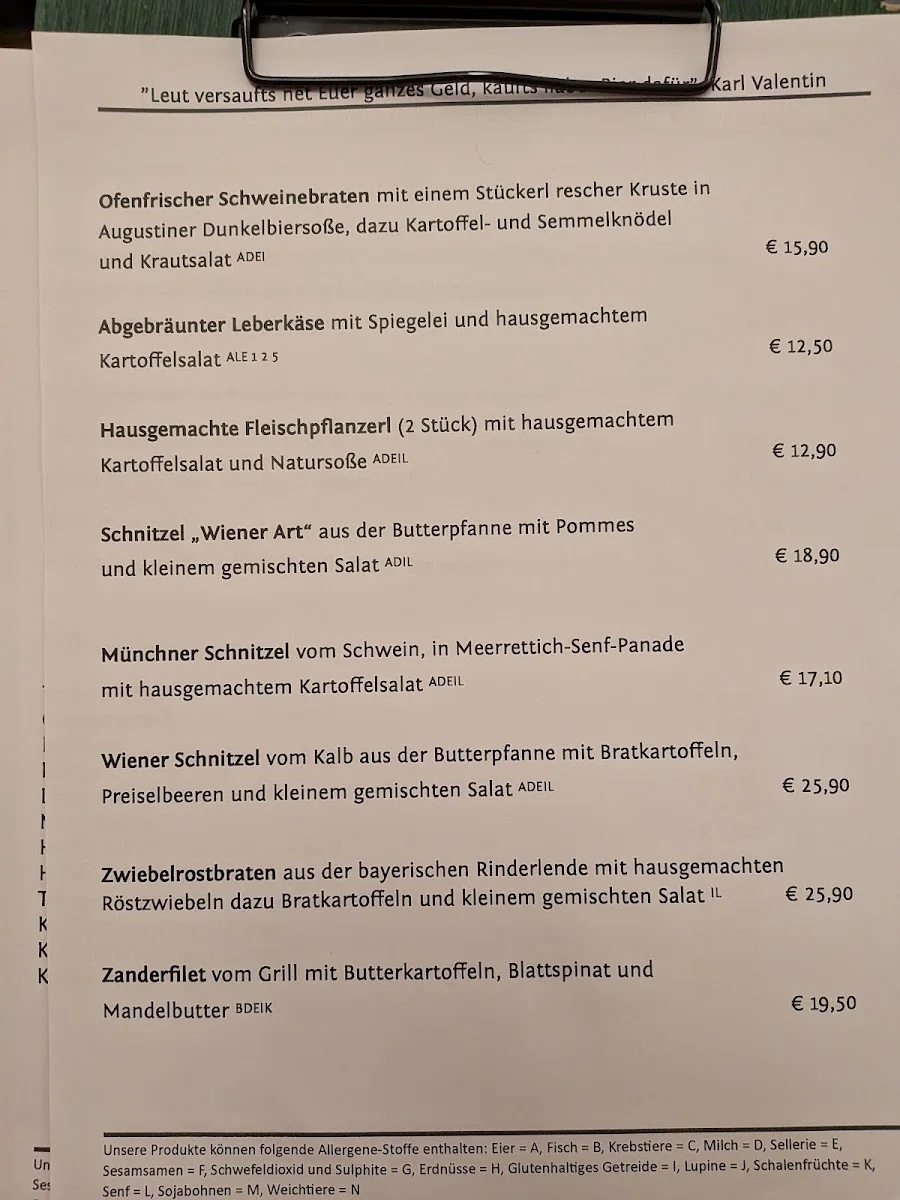 Zum Grünen Baum – Speisekarte in München, Bayern