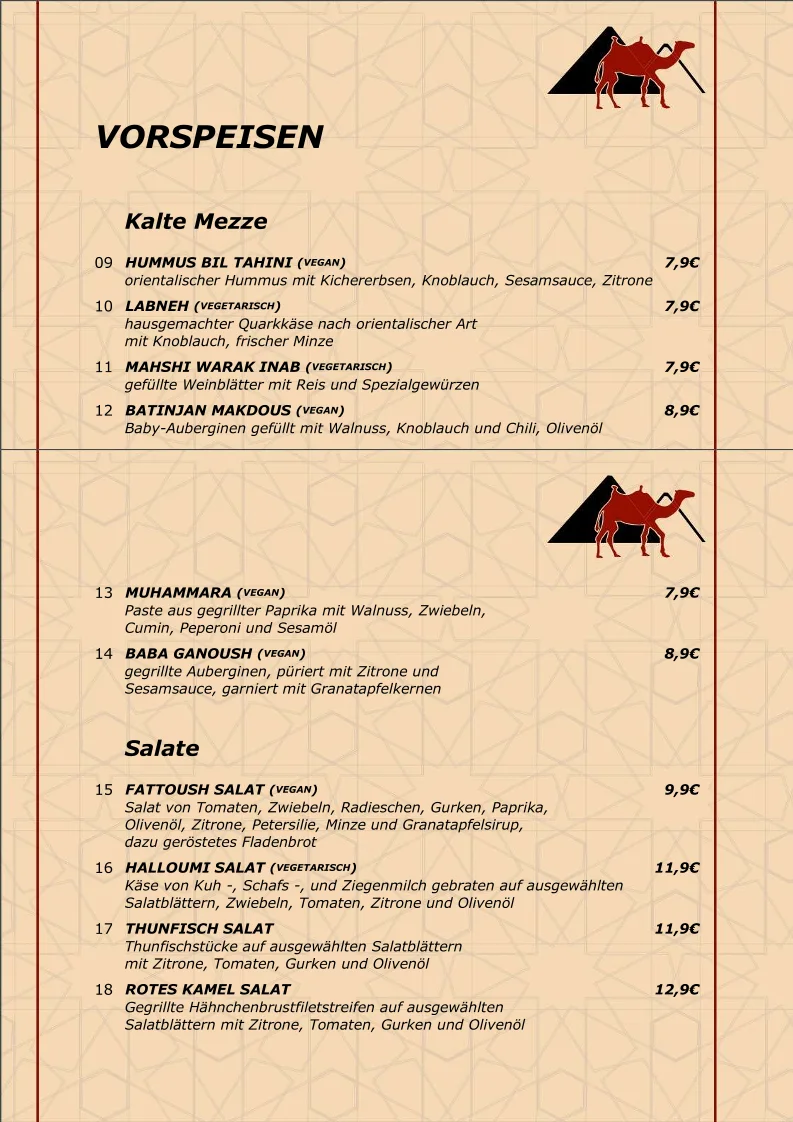 Rotes Kamel – Speisekarte in Berlin