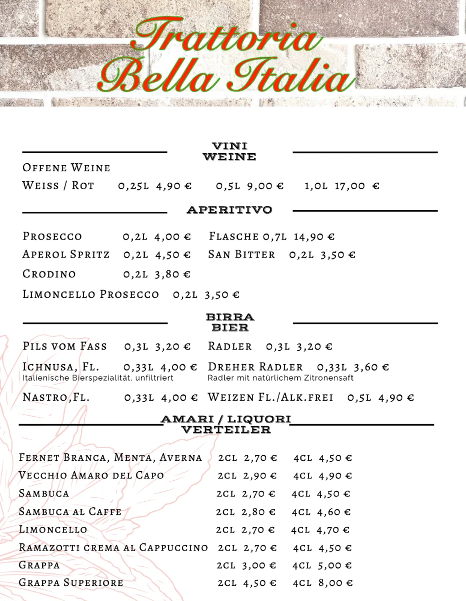 Trattoria Bella Italia – Speisekarte in Hamburg