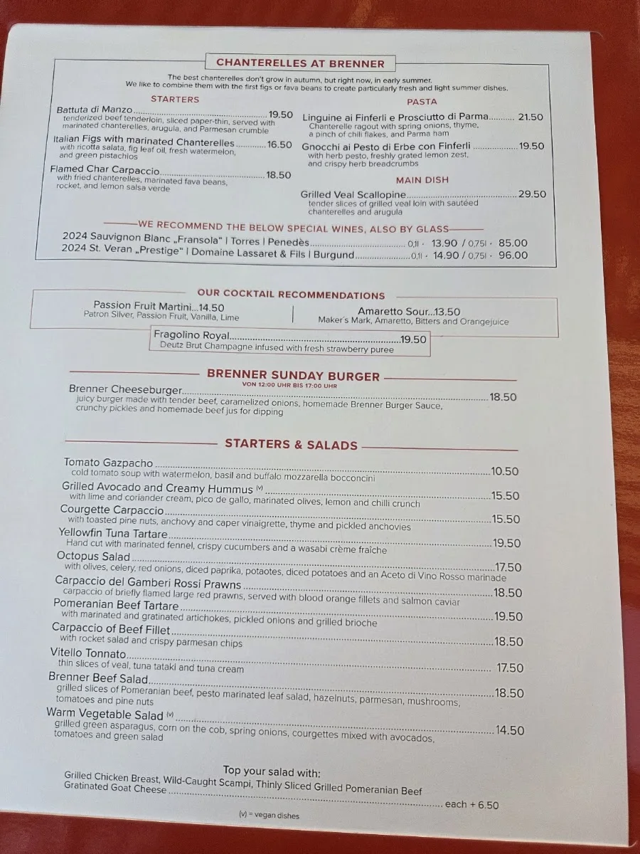 Brenner – Speisekarte in München, Bayern