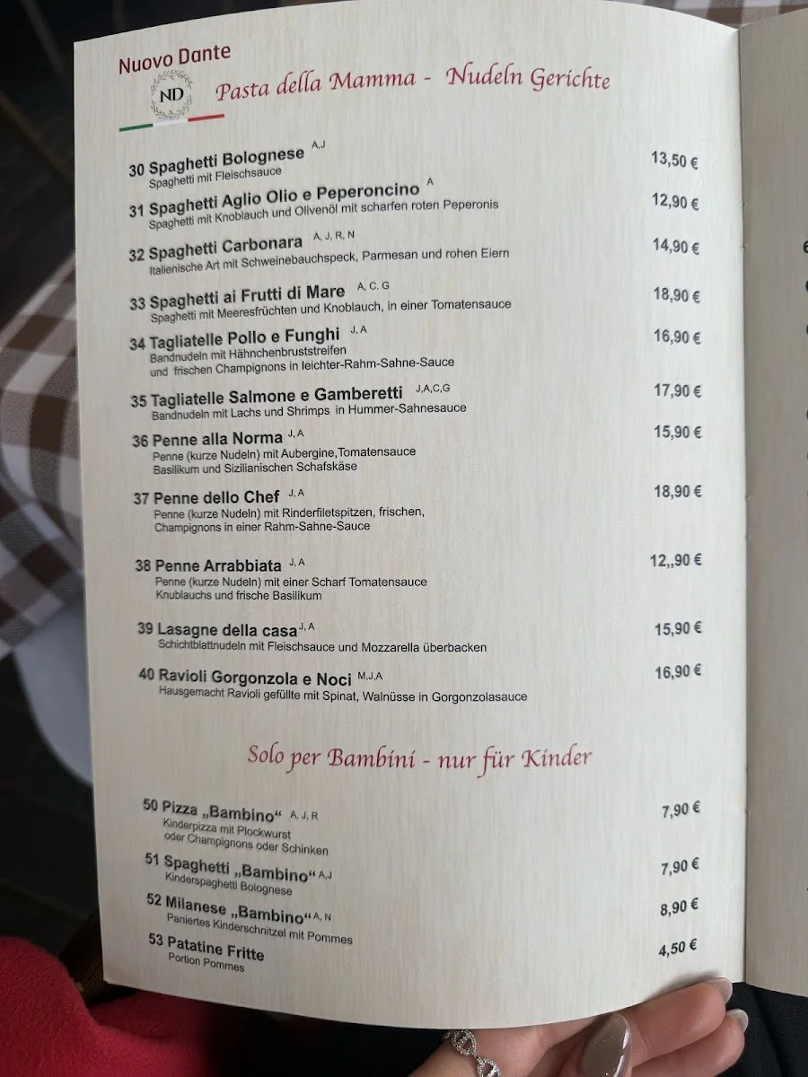 Nuovo Dante – Speisekarte in Berlin