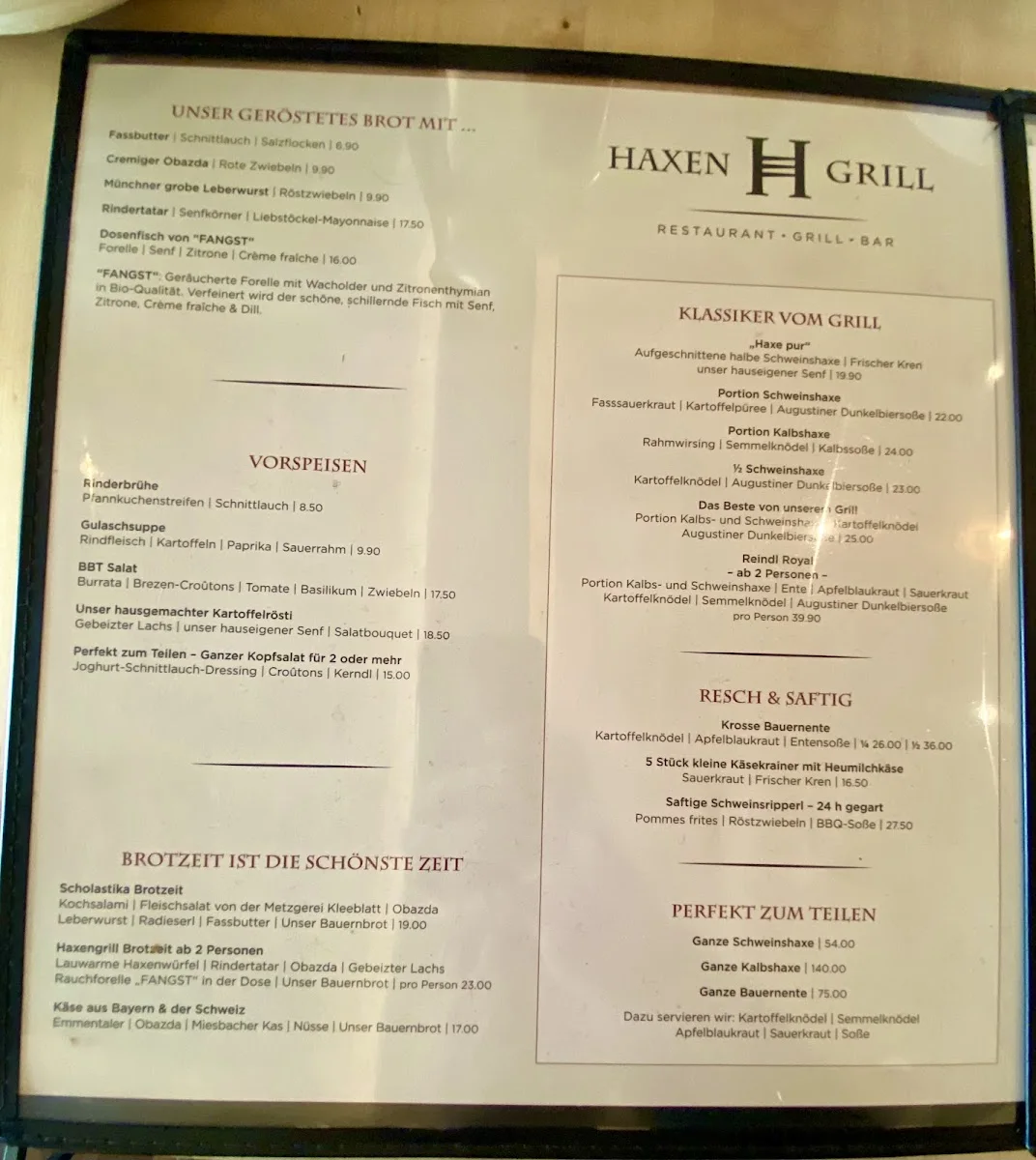 Haxengrill – Speisekarte in München, Bayern