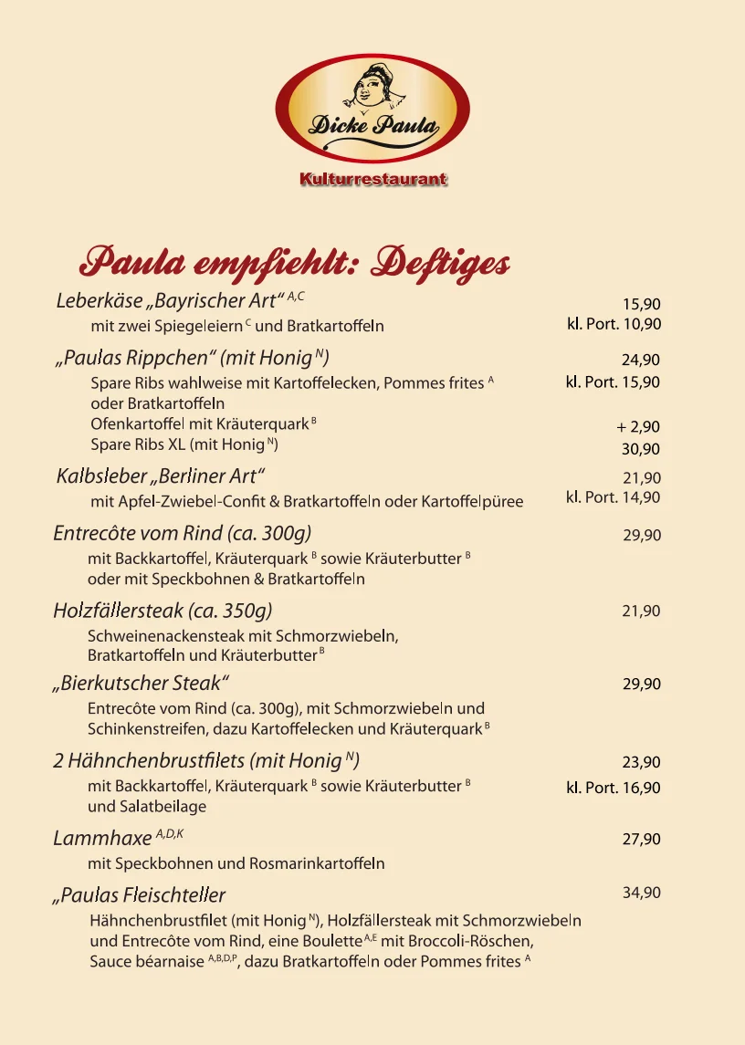 Kulturrestaurant Dicke Paula – Speisekarte in Berlin
