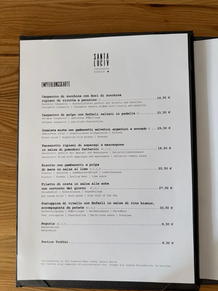 Santa Lucia | Ristorante Vineria – Speisekarte in Stuttgart, Baden-Württemberg