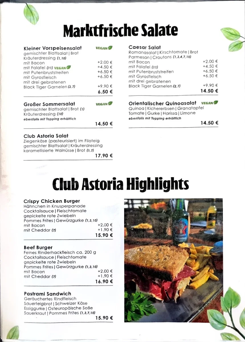 Club Astoria – Speisekarte in Köln, Nordrhein-Westfalen