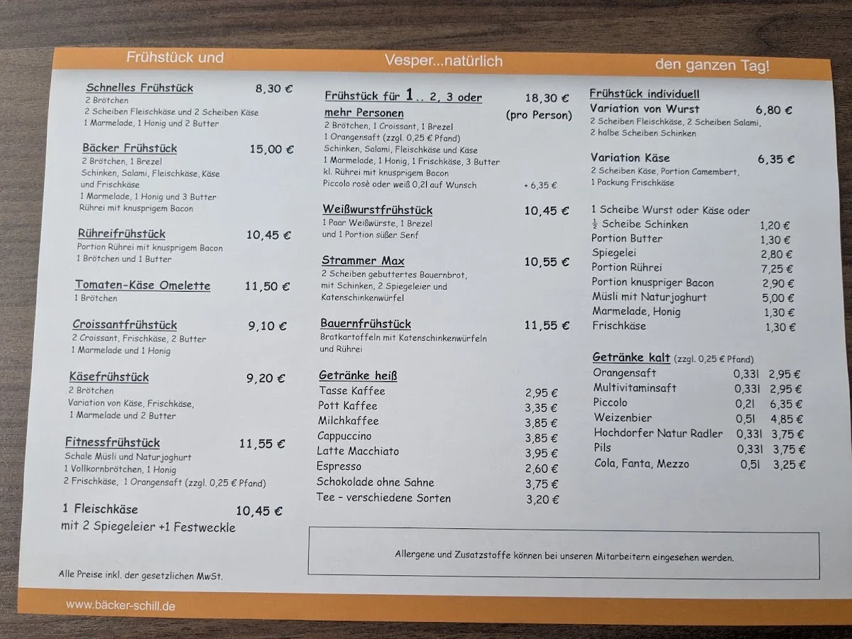 Bäcker Schill GmbH – Speisekarte in Filderstadt, Baden-Württemberg