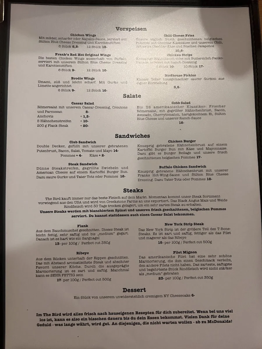 THE BIRD – Speisekarte in Berlin