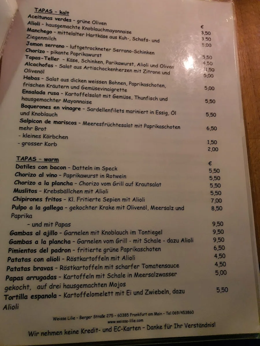 Weisse Lilie – Speisekarte in Frankfurt am Main, Hessen