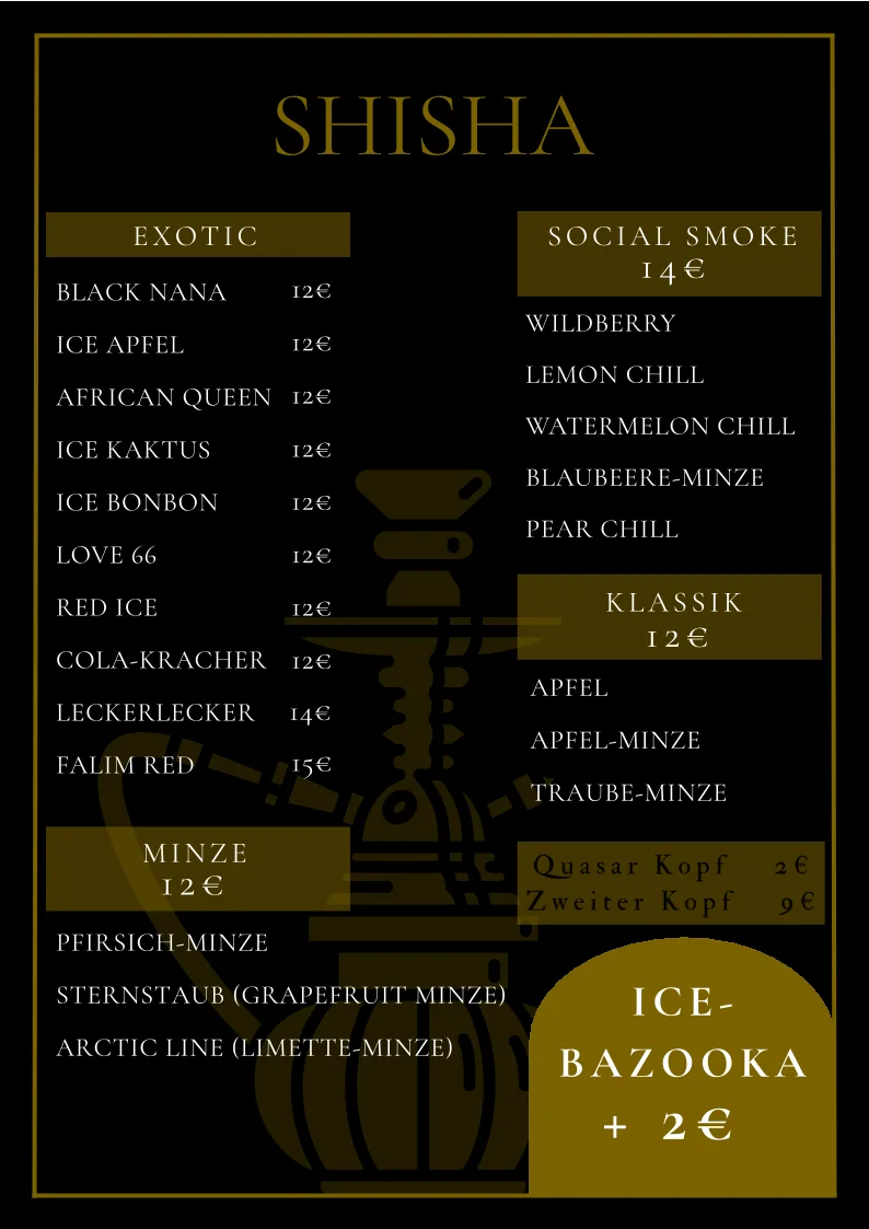 Shisha Café Deplasman Café Hookah Lounge PlayStation Café Shisha Bar – Speisekarte in Berlin