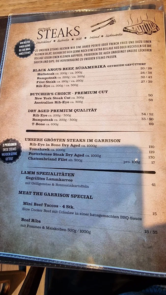 Garrison Steakhouse – Speisekarte in Hamburg