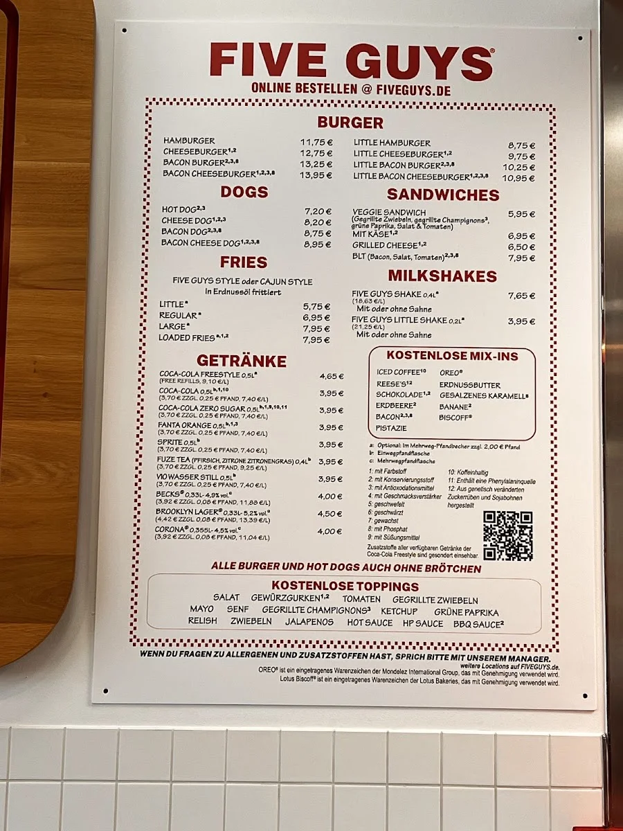 Five Guys Frankfurt Zeil – Speisekarte in Frankfurt am Main, Hessen