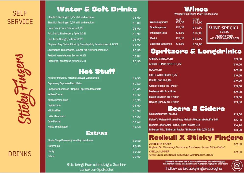 Sticky Fingers Restaurant & Terrasse – Speisekarte in Köln, Nordrhein-Westfalen