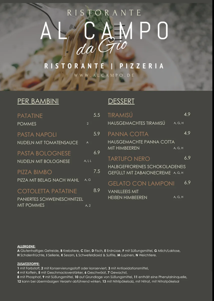 Al Campo da Gio - Ristorante | Pizzeria – Speisekarte in Stuttgart, Baden-Württemberg