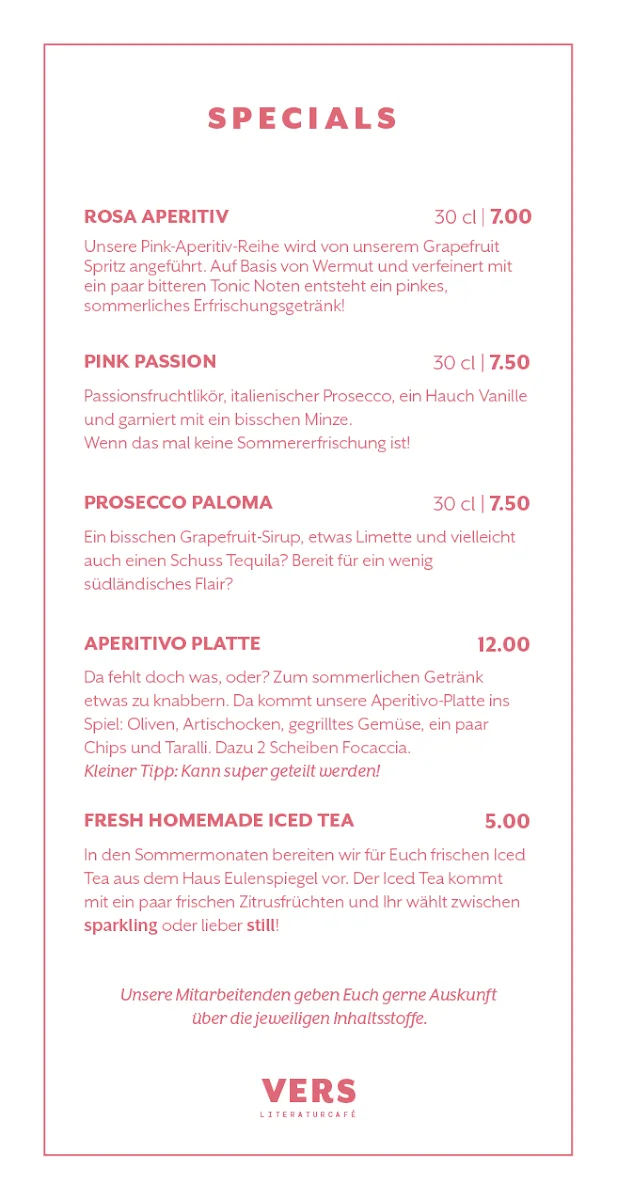 Café Vers – Speisekarte in Aachen, Nordrhein-Westfalen