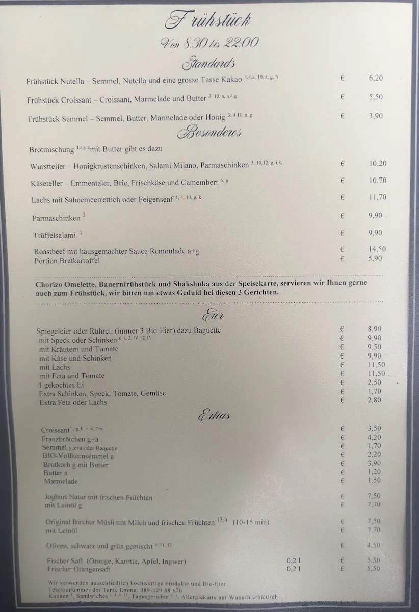 Tante Emma Restaurant und Café – Speisekarte in München, Bayern