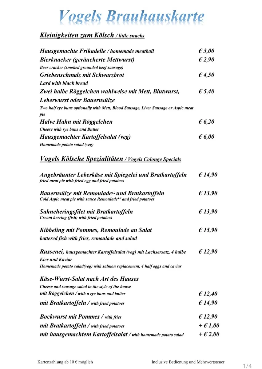 Weinhaus Vogel – Speisekarte in Köln, Nordrhein-Westfalen