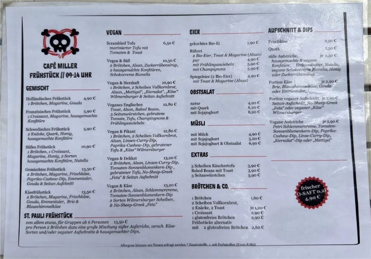 Cafe Miller – Speisekarte in Hamburg