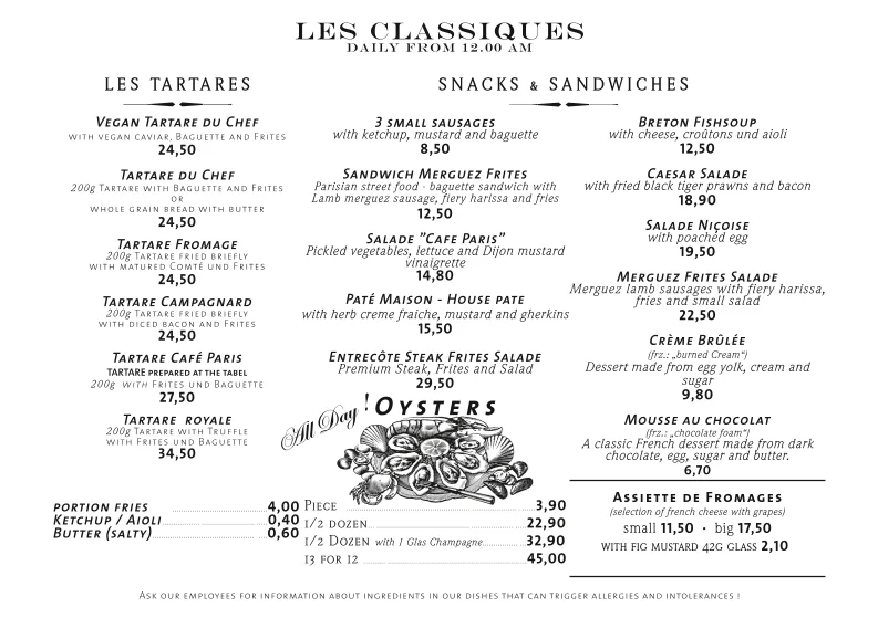 Café Paris – Speisekarte in Hamburg