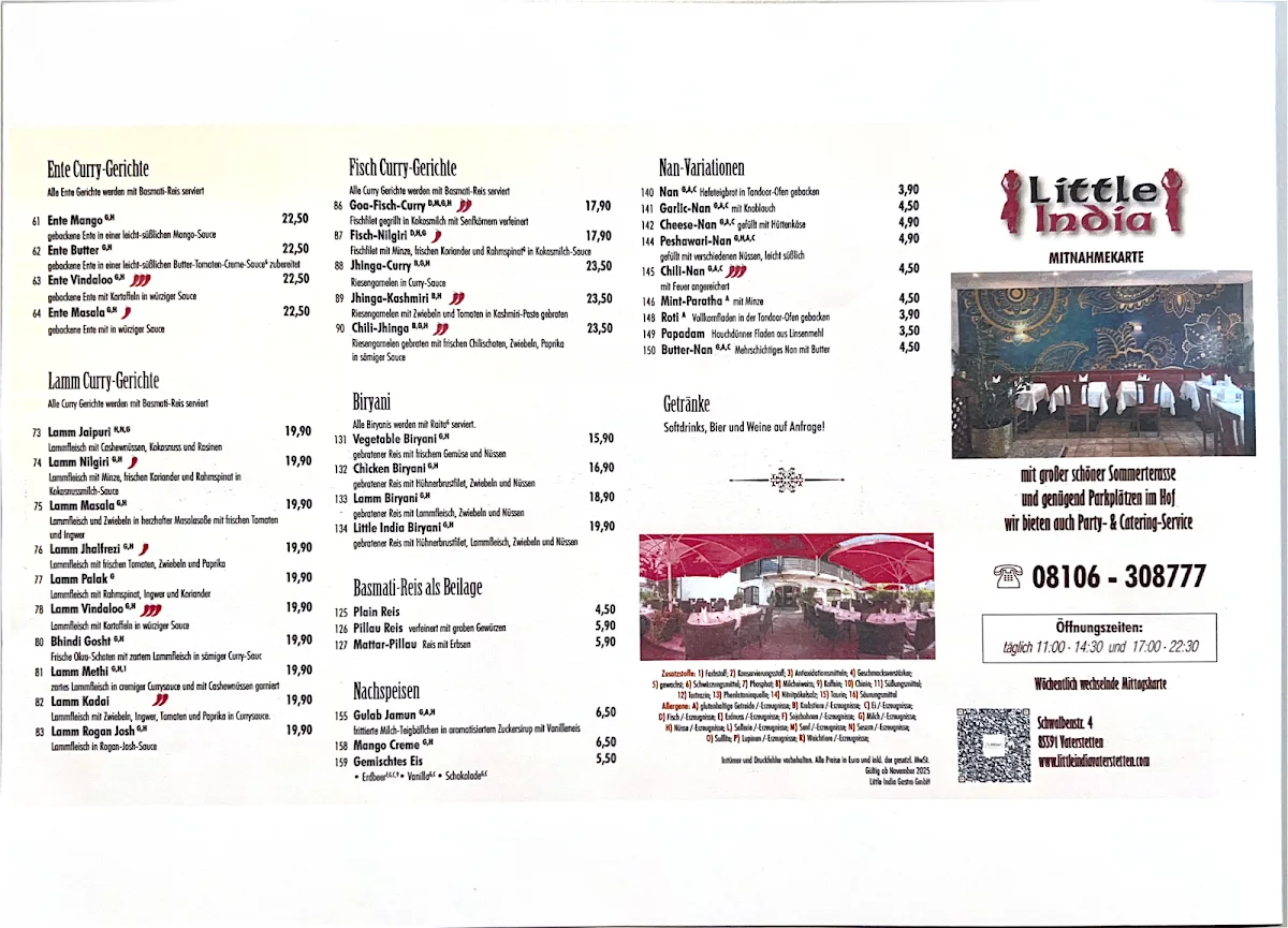 Little India – Speisekarte in Vaterstetten, Bayern
