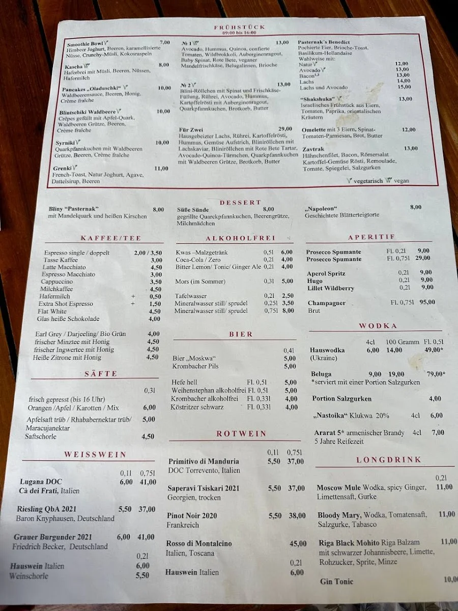 Restaurant Pasternak – Speisekarte in Berlin