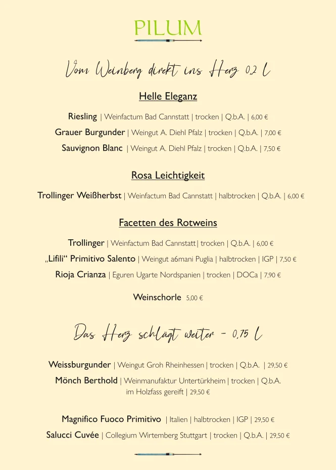 PILUM | Restaurant, Biergarten & Eventlocation – Speisekarte in Stuttgart, Baden-Württemberg