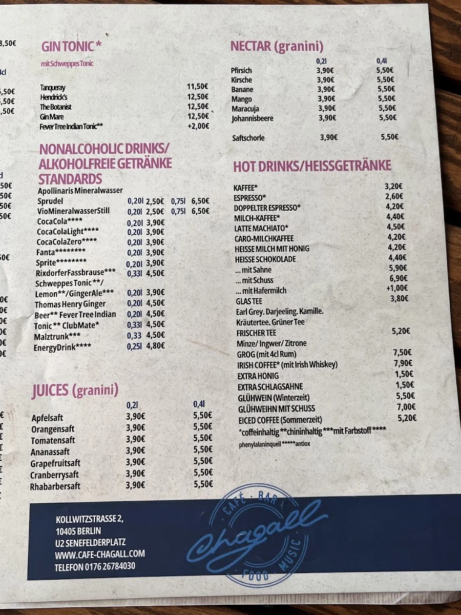 Café Chagall – Speisekarte in Berlin