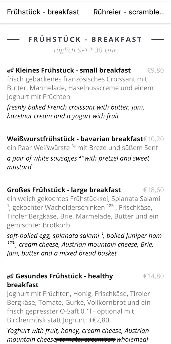 Trachtenvogl – Speisekarte in München, Bayern