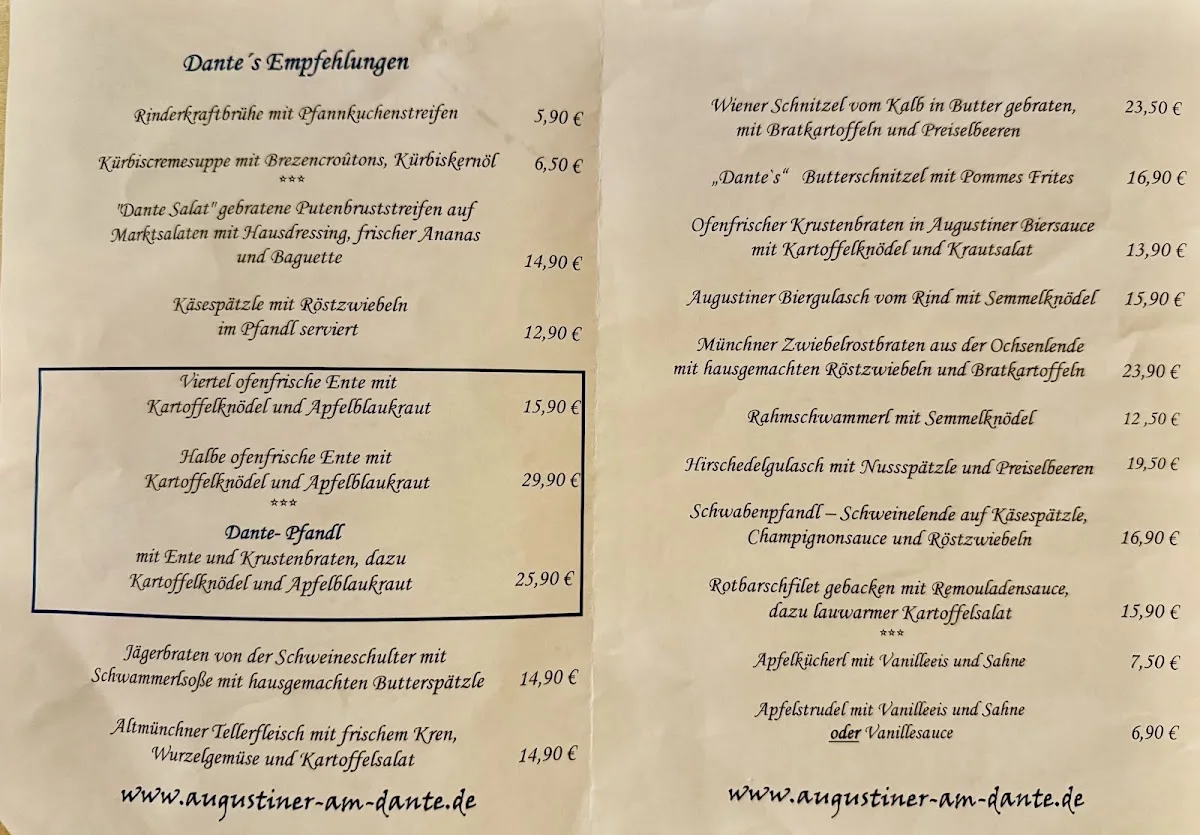 Augustiner am Dante – Speisekarte in München, Bayern