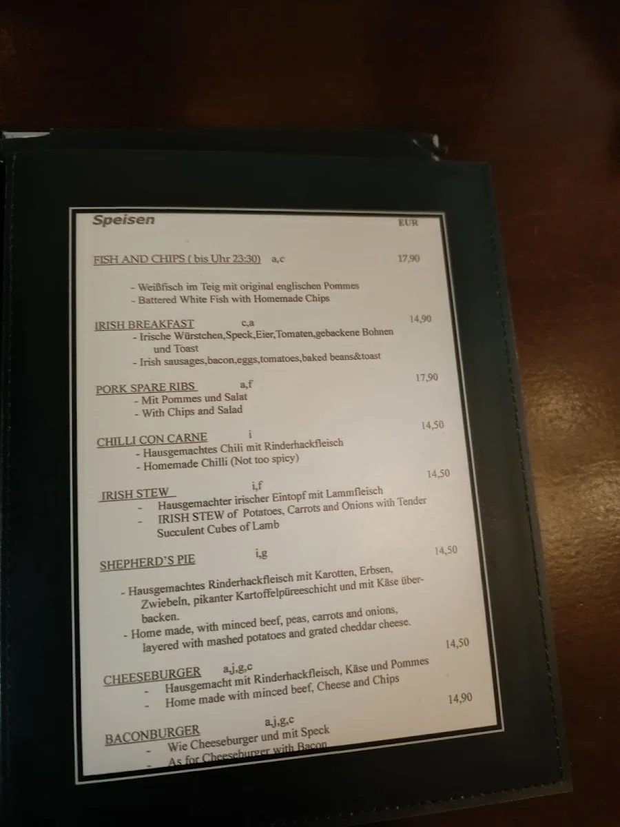 Molly Malone's – Speisekarte in München, Bayern