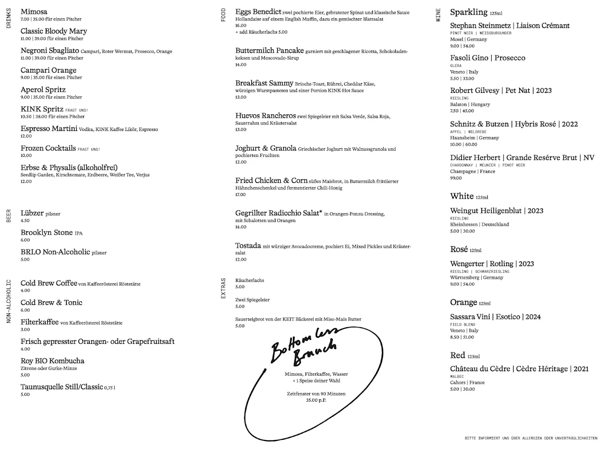 KINK Bar & Restaurant – Speisekarte in Berlin