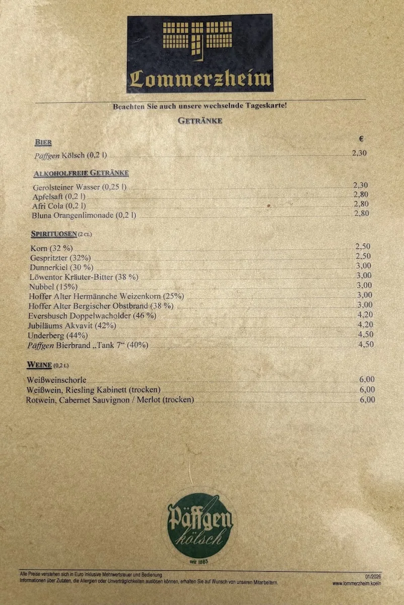 Lommerzheim – Speisekarte in Köln, Nordrhein-Westfalen