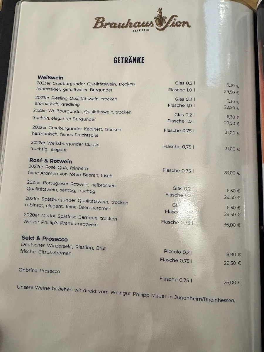 Brauhaus Sion – Speisekarte in Köln, Nordrhein-Westfalen