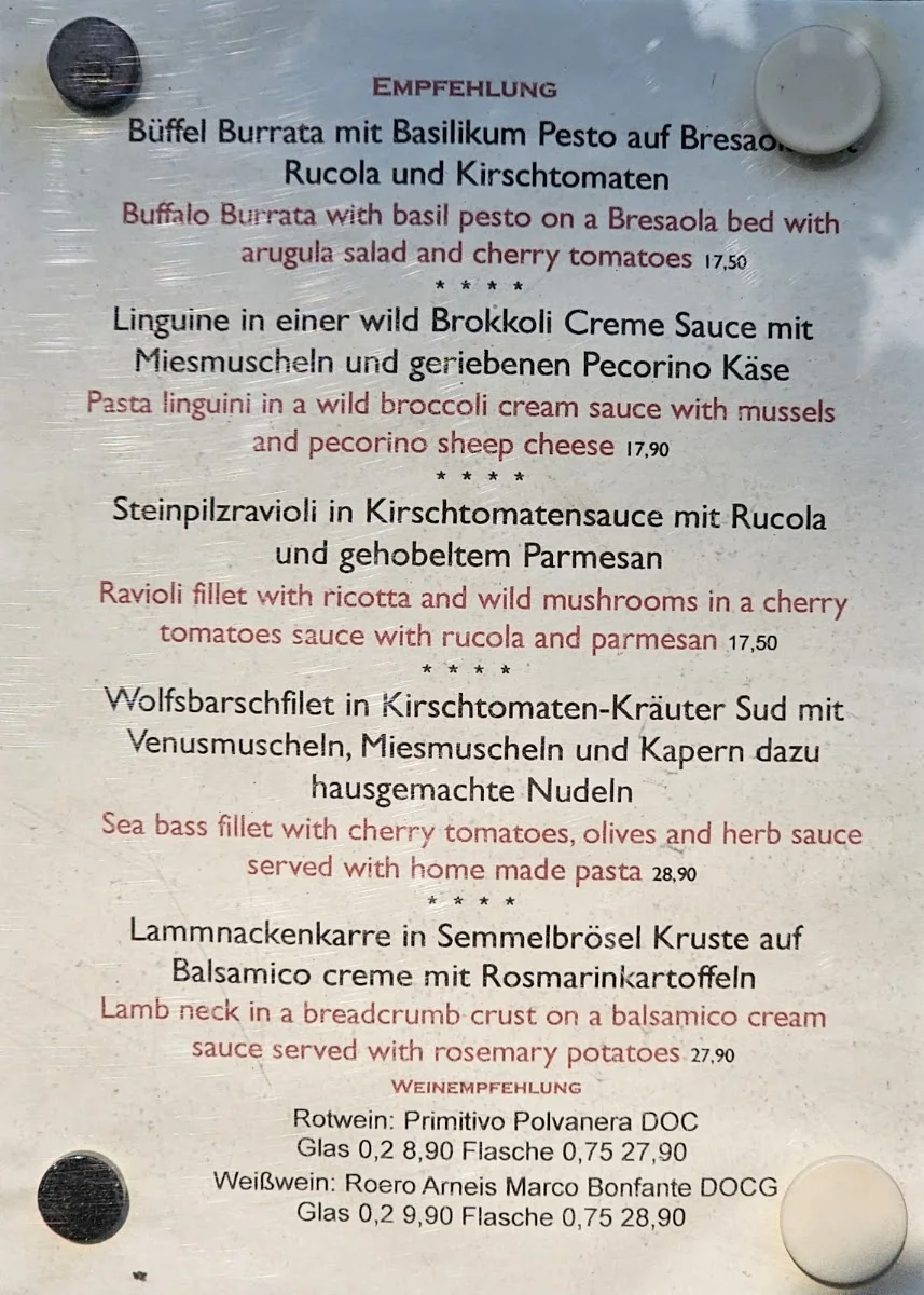 Ristorante Italiani – Speisekarte in Stuttgart Hausen, Baden-Württemberg