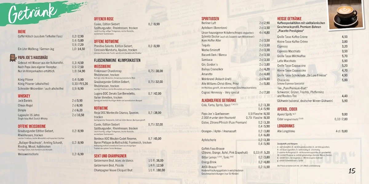 Papa Joes Biersalon Klimperkasten – Speisekarte in Köln, Nordrhein-Westfalen