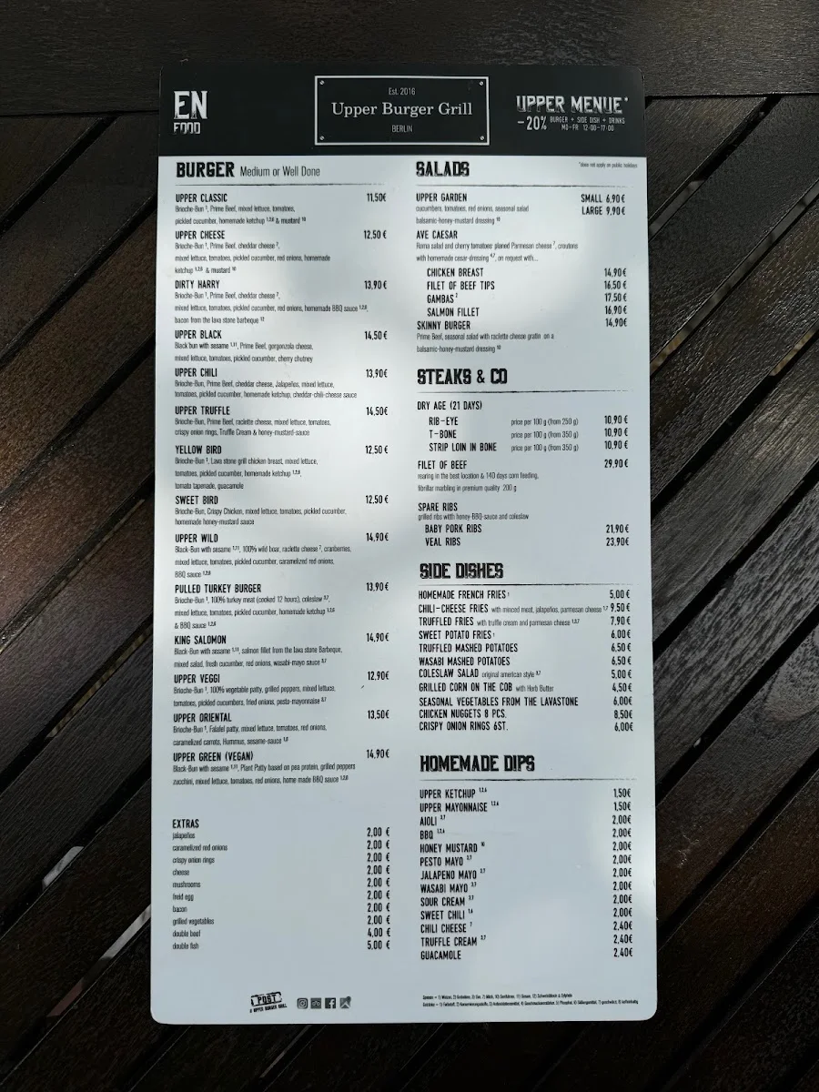 Upper Burger Grill – Speisekarte in Berlin