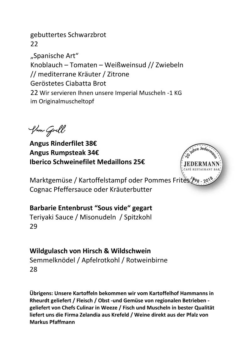 Restaurant Jedermann - Moers – Speisekarte in Moers, Nordrhein-Westfalen