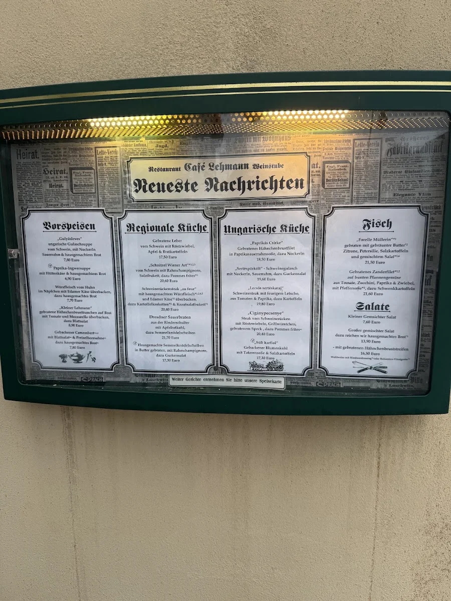 Restaurant “Cafe Lehmann“ Kreischa – Speisekarte in Kreischa, Sachsen