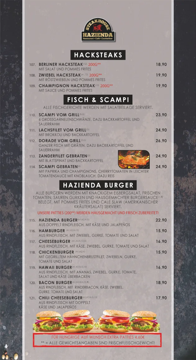 Steakhouse Hazienda – Speisekarte in Berlin