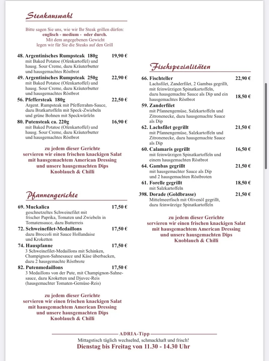 Restaurant Adria | Hamburg - Horn | Seit 1980 – Speisekarte in Hamburg