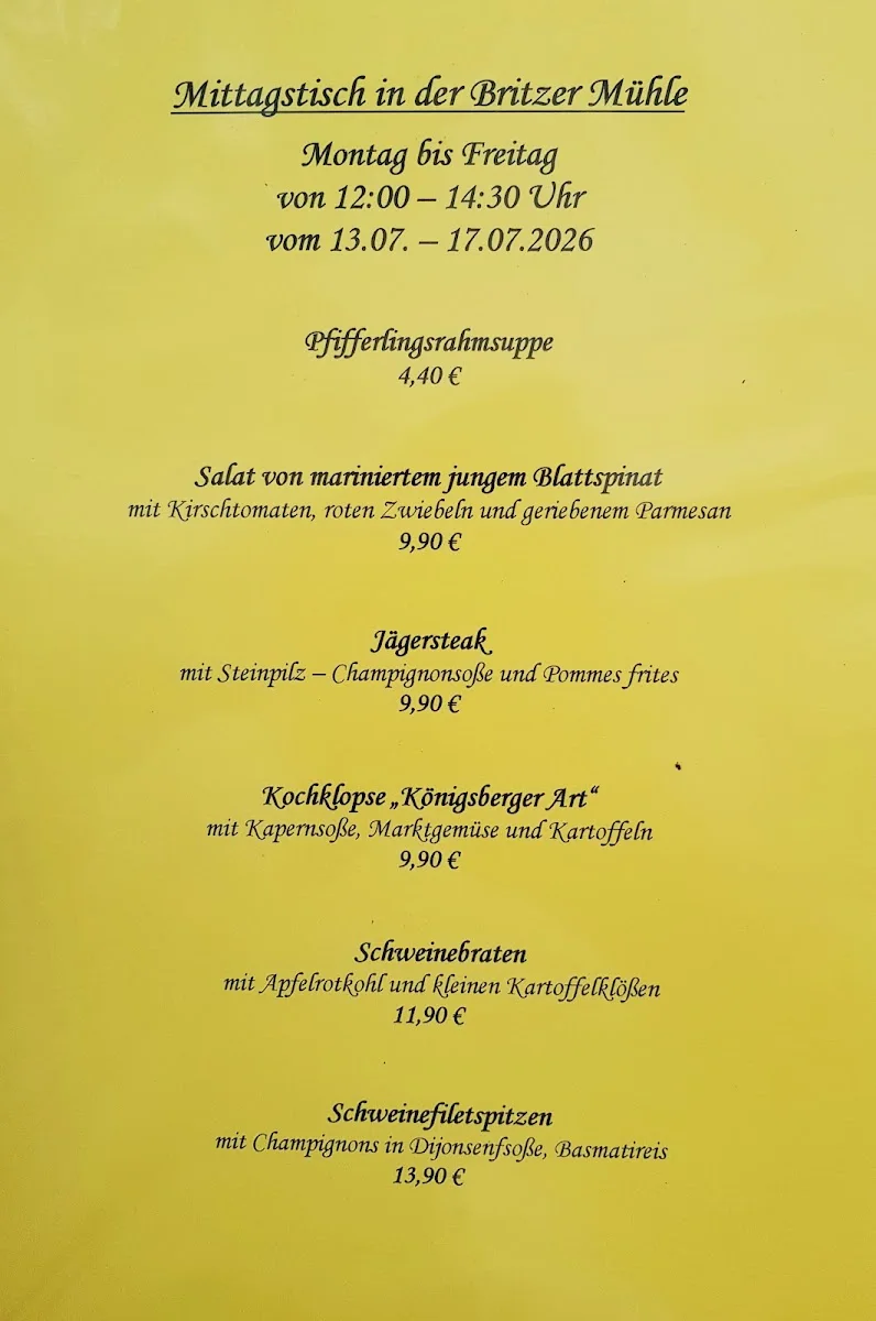 Britzer Mühle – Speisekarte in Berlin