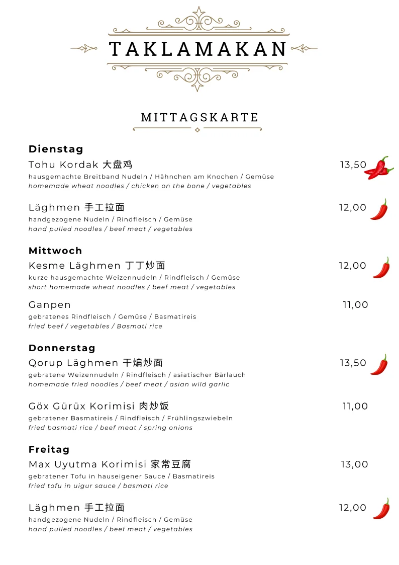 TAKLAMAKAN Munich "handpulled noodles" – Speisekarte in München, Bayern